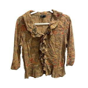 Lauren Ralph LRL Shirt Floral Ruffle Brown Blouse Long Sleeve L Fairy Romantic